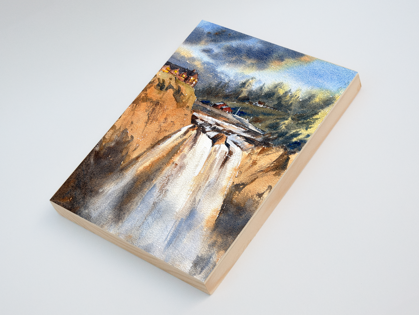 "Snoqualmie Falls in Summer" woodblock wall art