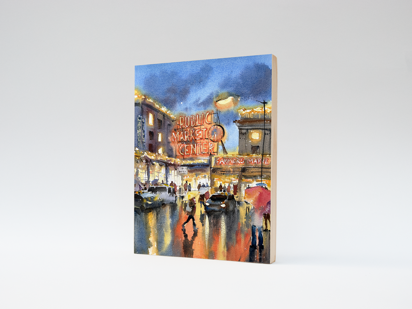 "Pike Place Nightfall" woodblock wall art