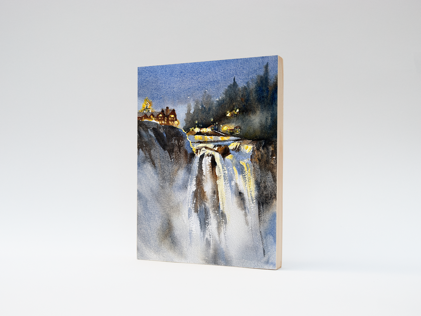 "Snoqualmie Falls in Winter" woodblock wall art