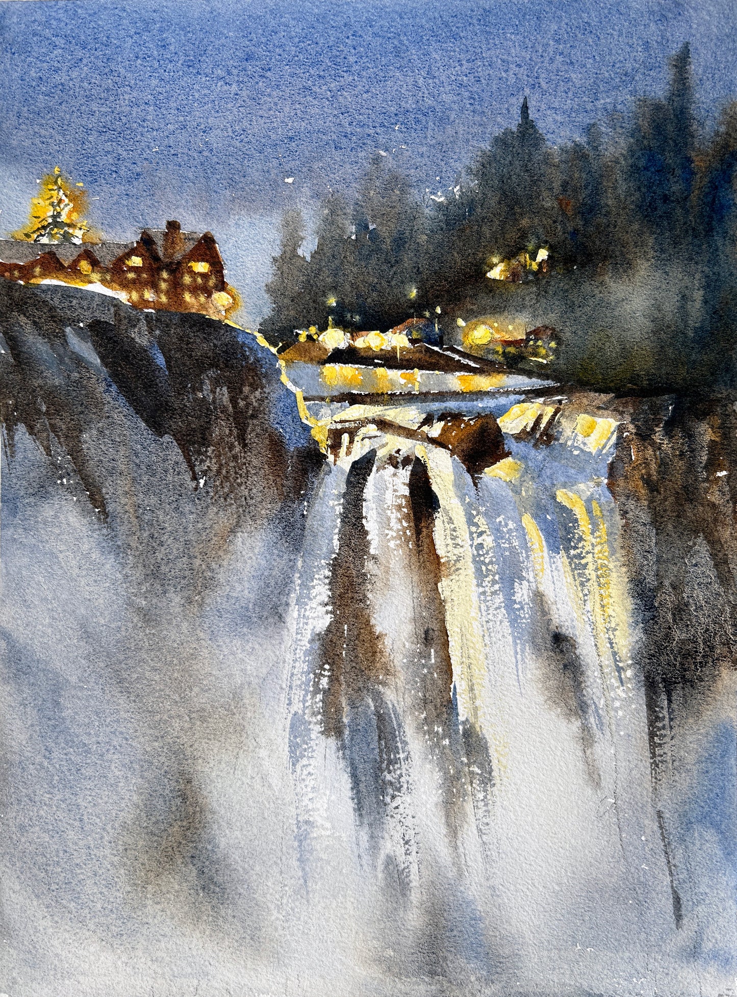 Christmas eve at Snoqualmie Falls - Original watercolor painting