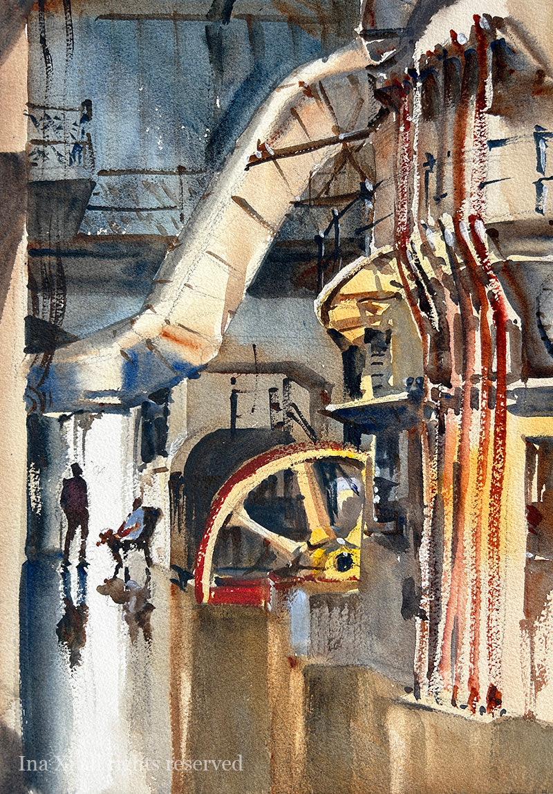 Engine room at Georgetown Steam Plant - Original watercolor painting