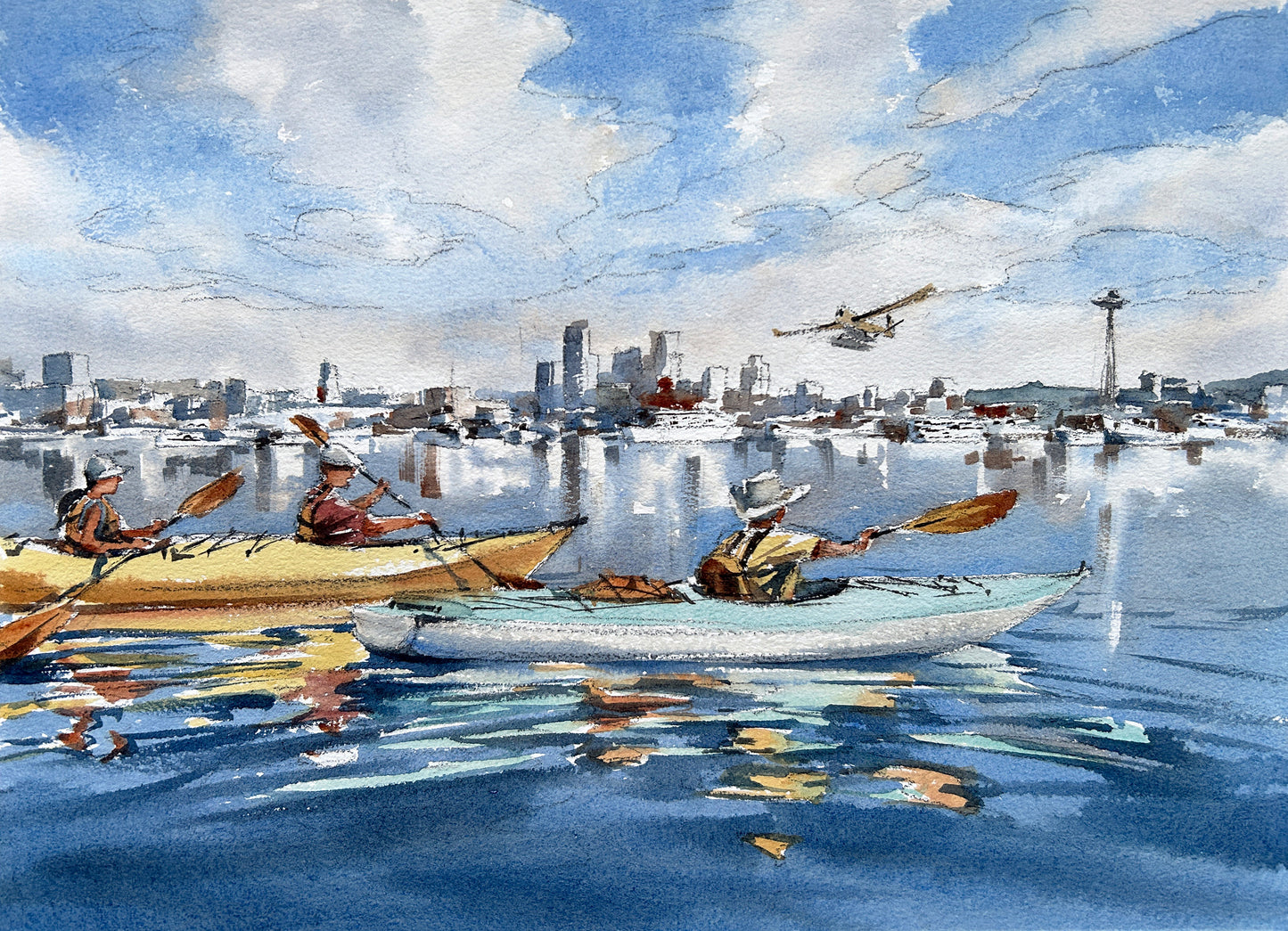Fellow Kayakers on Lake Union - Original watercolor painting