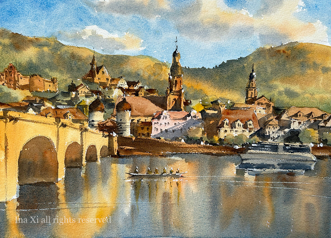 Heidelberg in sunset glory - Original watercolor painting