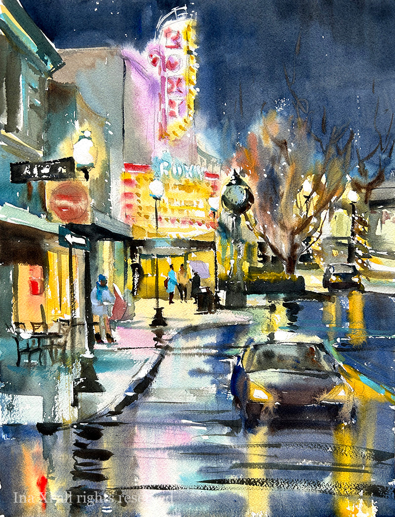 Roxy Theater after the Rain - Original watercolor painting