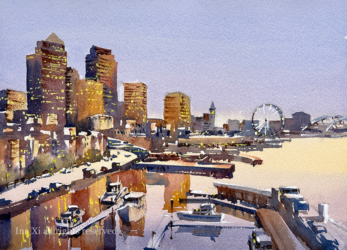 Sunset over Seattle - Original watercolor painting