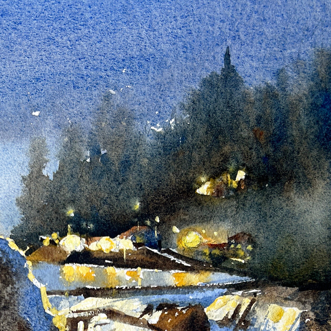 Christmas eve at Snoqualmie Falls - Original watercolor painting