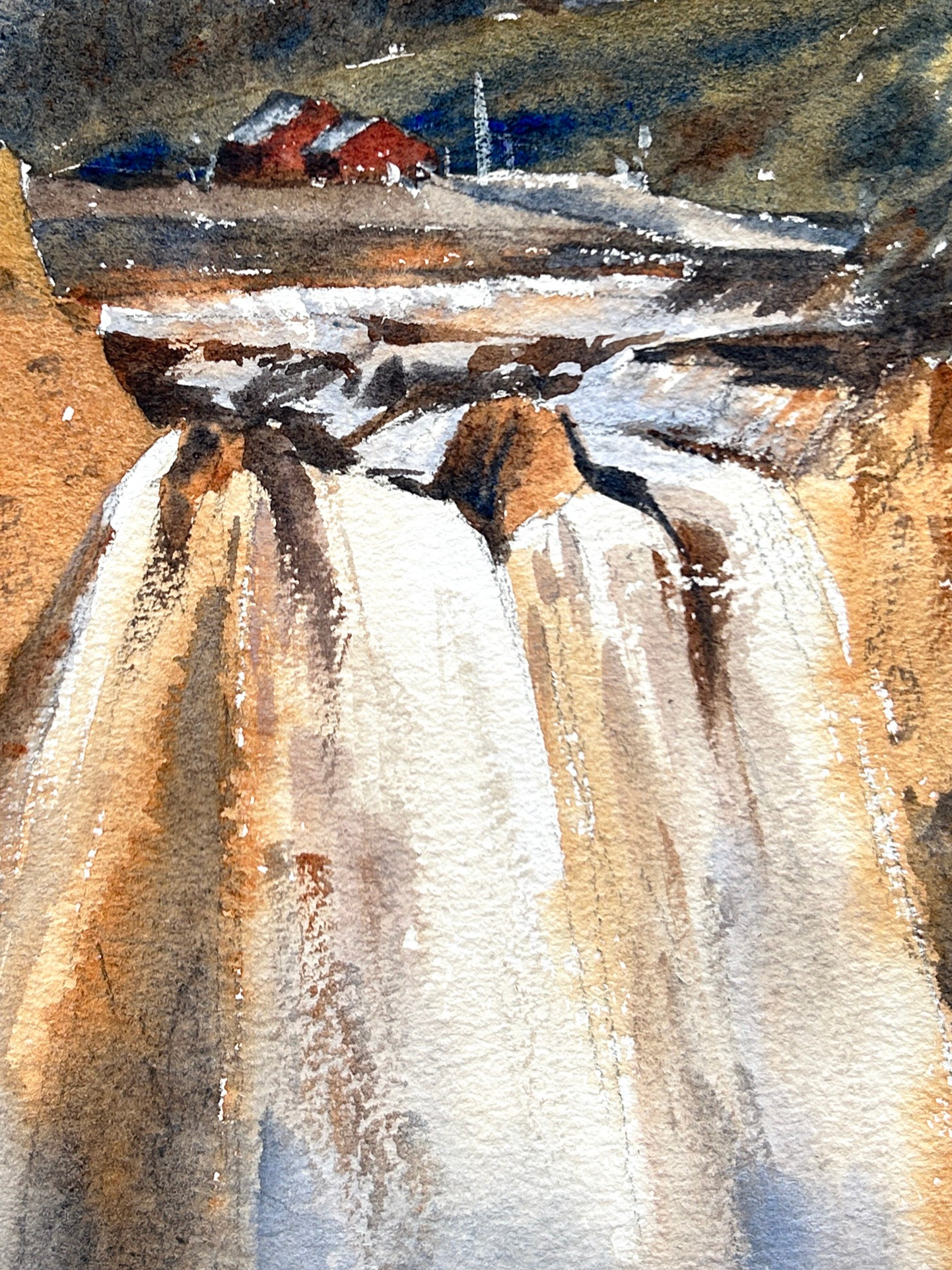 Summer Sunset at Snoqualmie Falls - Original watercolor painting