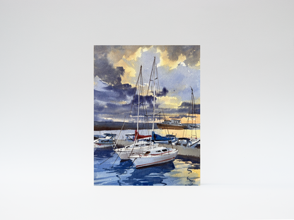 "Sailboats at the harbor" woodblock wall art