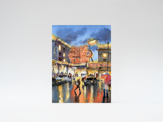 "Pike Place Nightfall" woodblock wall art