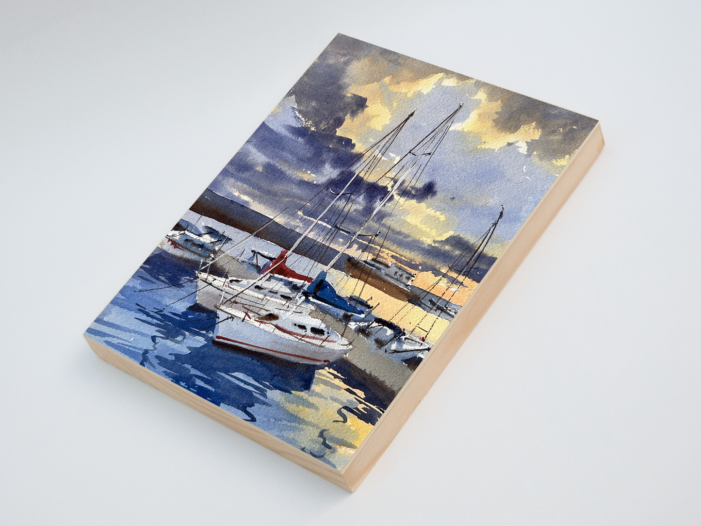 "Sailboats at the harbor" woodblock wall art