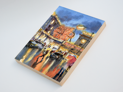 "Pike Place Nightfall" woodblock wall art