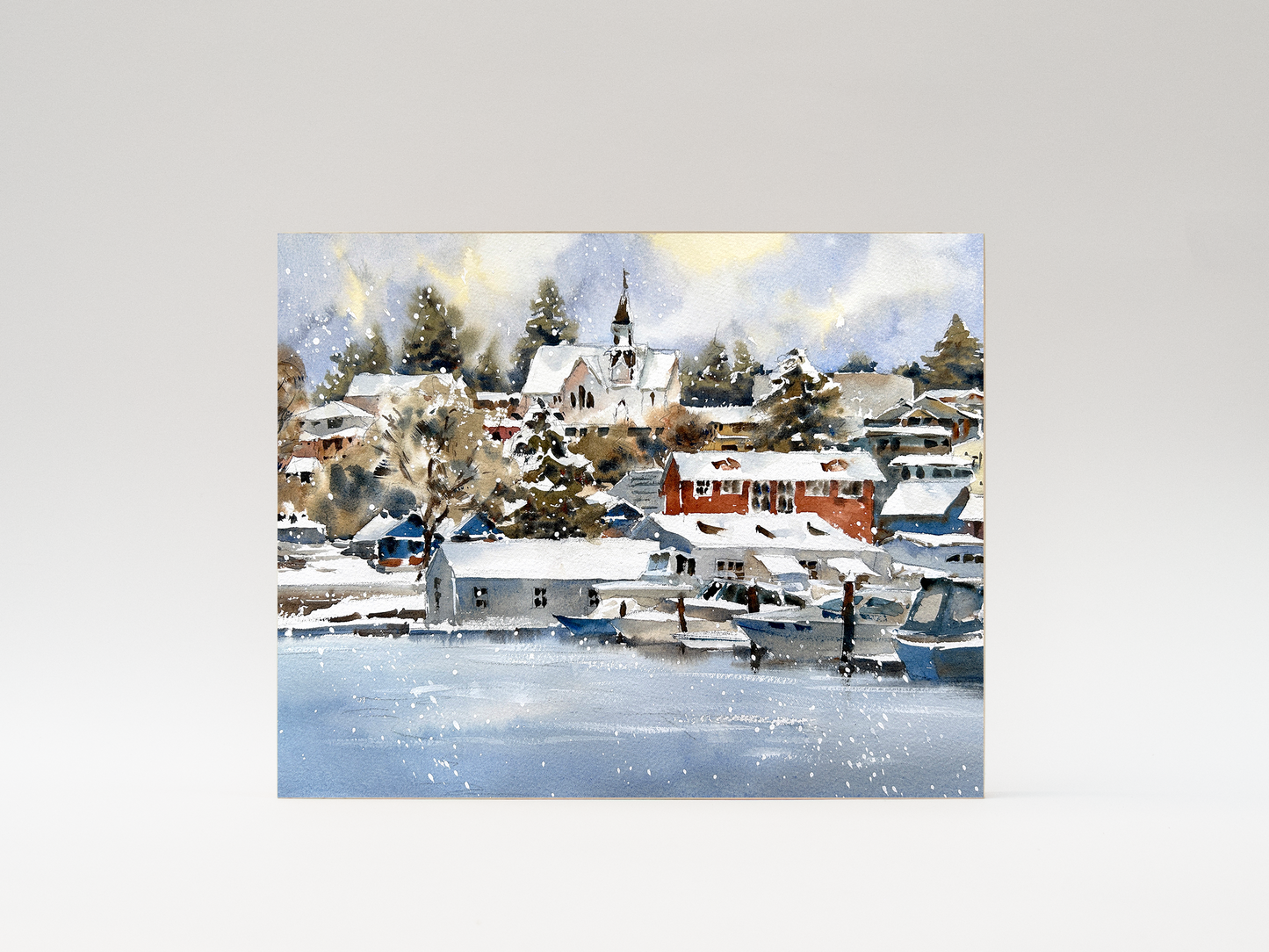 "Snowy Morning in Poulsbo" woodblock wall art
