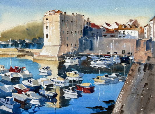 Dubrovnik Harbor in early morning - Original watercolor painting