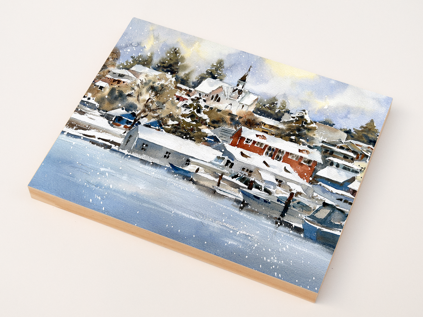 "Snowy Morning in Poulsbo" woodblock wall art