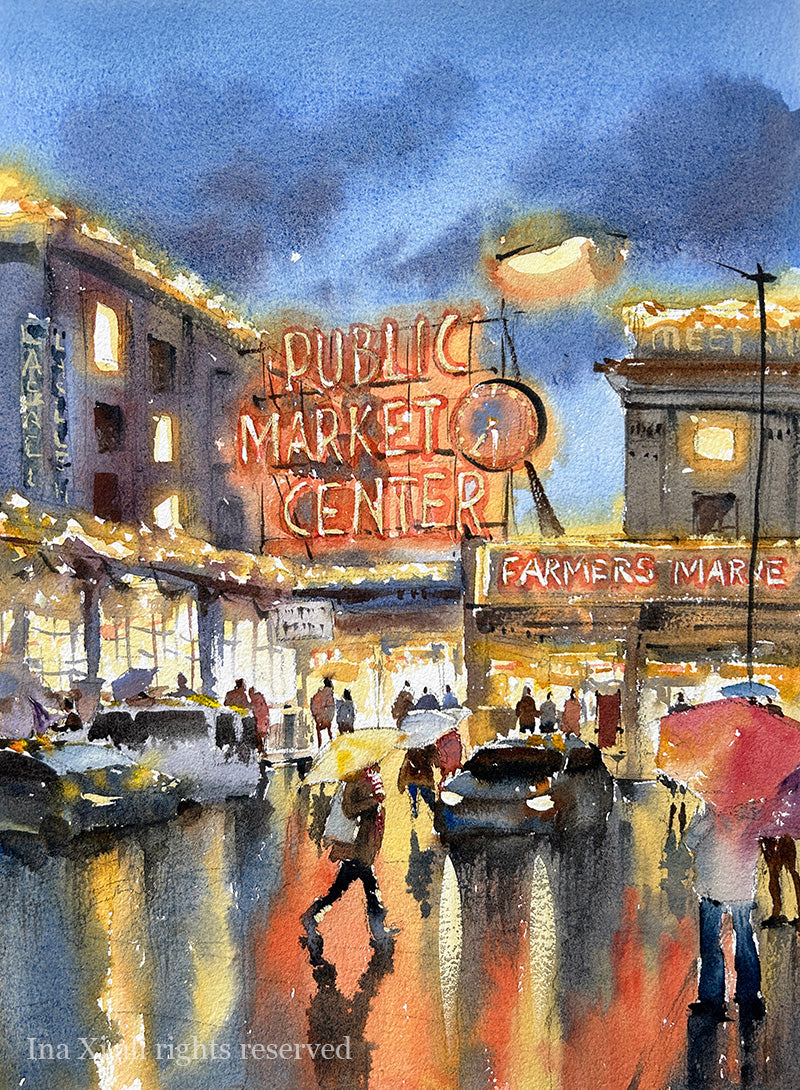 Pike's Place nightfalls - Original watercolor painting