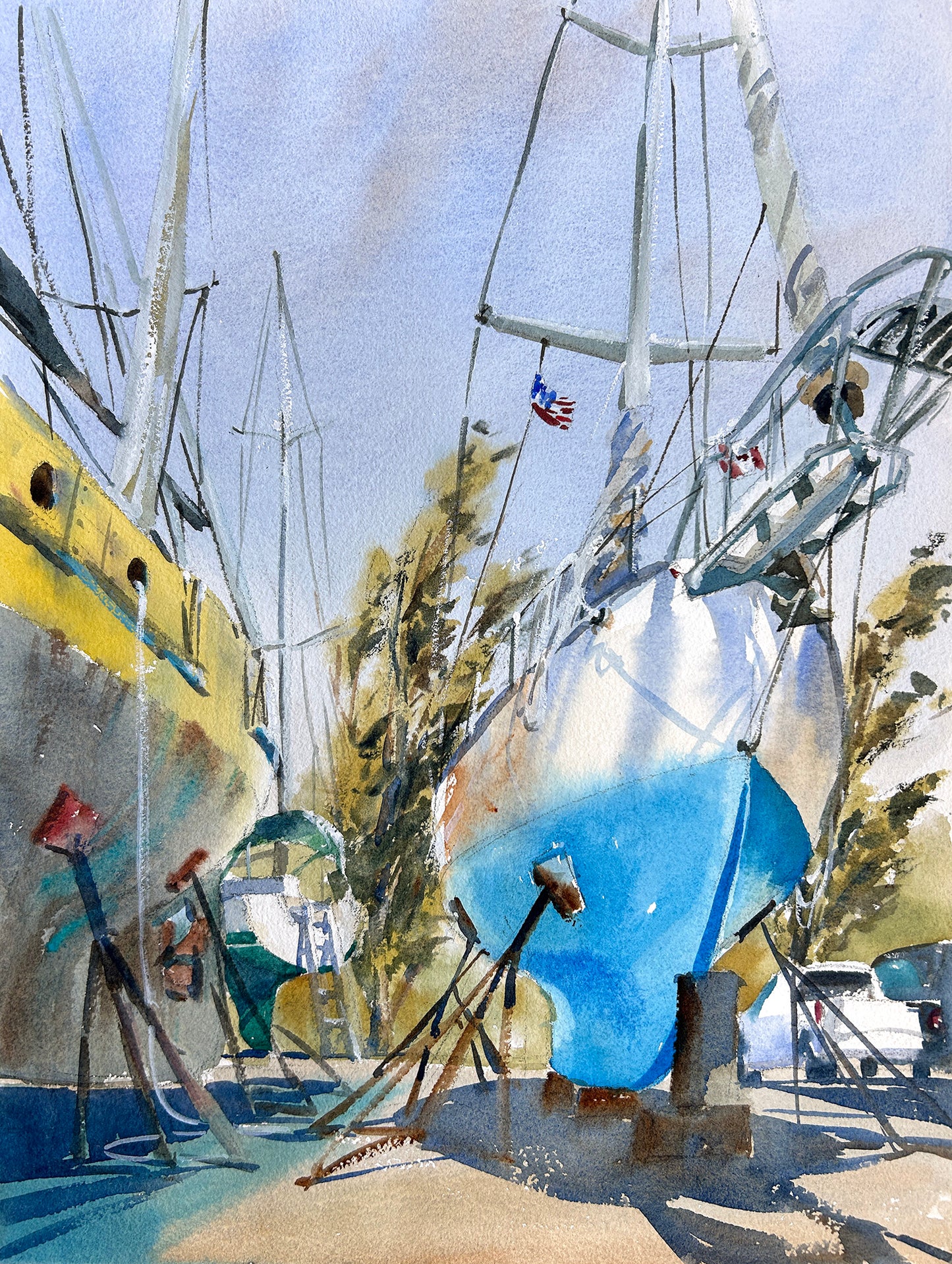 Artistic depiction of boats docked at Port Townsend boat repair yard with swinging poplar trees in the background