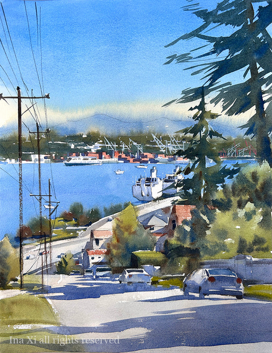 Ruston Overlooking Commencement Bay - Original watercolor painting