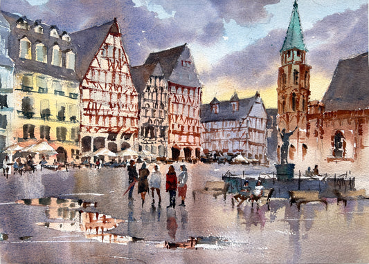 Salzhaus Plaza after the rain - Original watercolor painting