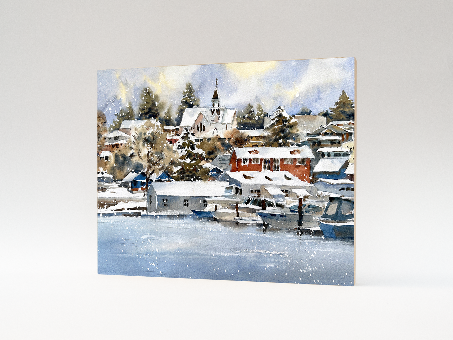 "Snowy Morning in Poulsbo" woodblock wall art