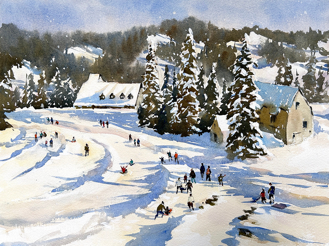 Sledding in Paradise - Original watercolor painting