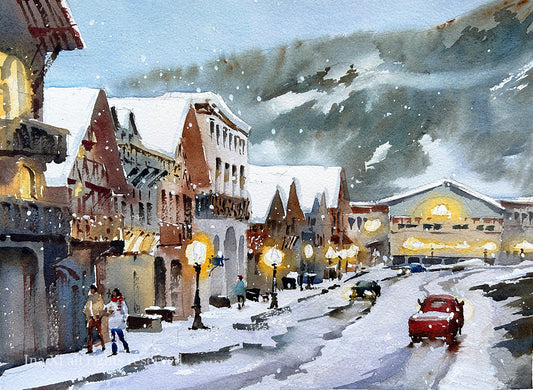 Snowy morning in Leavenworth - Original watercolor painting
