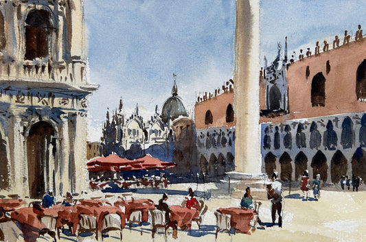 Breakfast at St Mark's Square (Small version) - Original watercolor painting